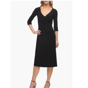 La Femme Ruched Jersey Faux Wrap Midi Dress